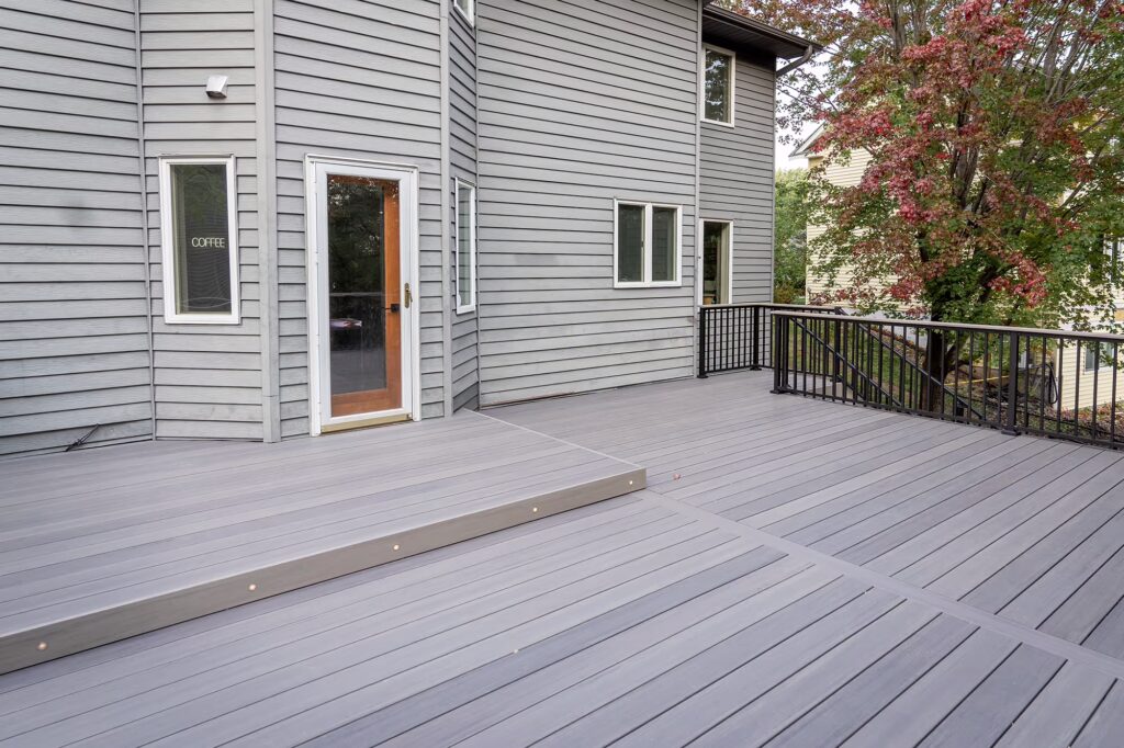 Alternate view of the gray deck with raised platform with riser lights. 