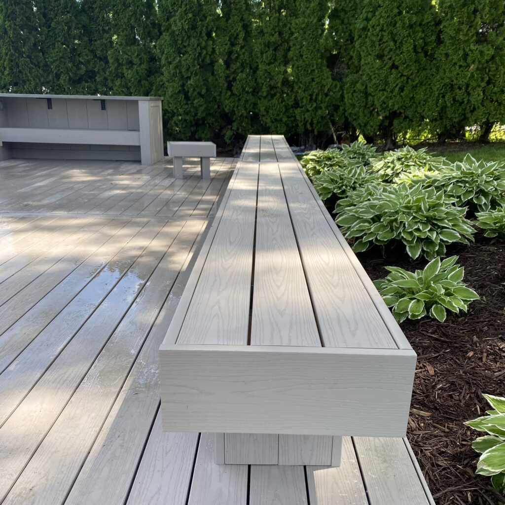 Built-in deck bench using TimberTech Advanced PVC in Slate Gray. 