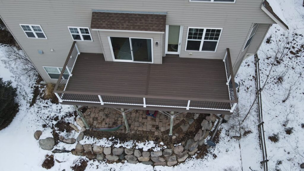 Aerial view of a large PVC deck in winter. 