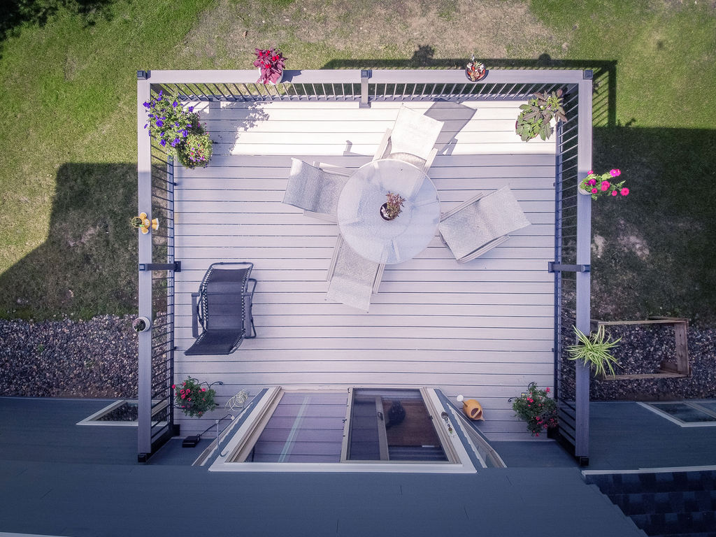 Top aerial view of a small custom PVC deck using TimberTech Advanced PVC.