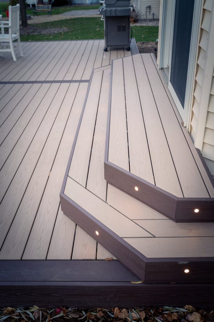 TimberTech Advanced PVC deck steps leading down from the sliding glass door to the main portion of the deck. The steps have integrated riser lights and a unique angle with herringbone layout at the corners. 