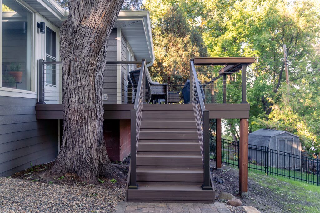 Front view of TimberTech Composite deck stairs in Dark Cocoa.