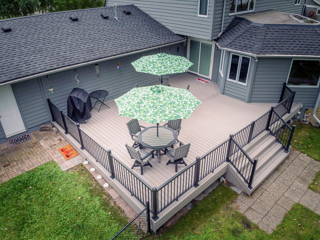 Aerial view of low-maintenance platform deck with wide steps down to ground level.