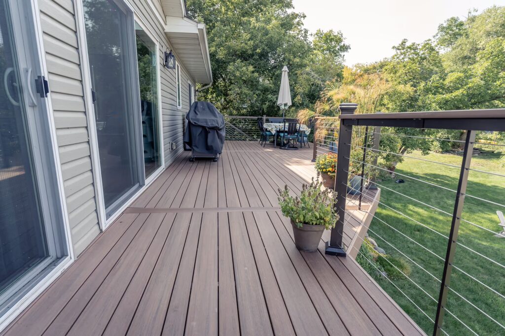 Deck pattern using TimberTech Advanced PVC English Walnut creating a pattern using multiple widths. 